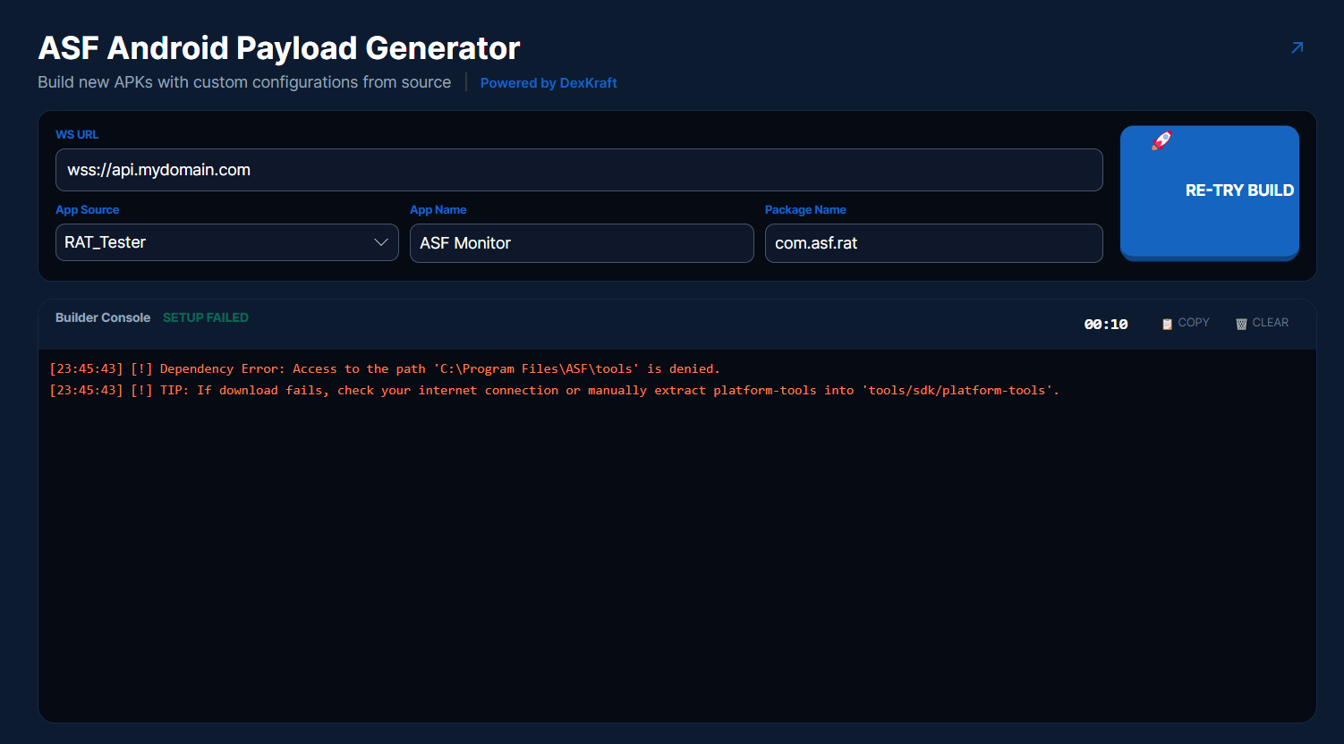 ASF Admin Privileges Error Screenshot